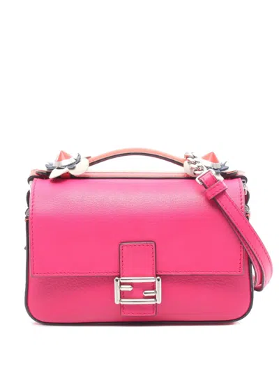 Pre-owned Fendi 2010-2025 Micro Bicolor Leather Flowerland Double Baguette Satchel In Pink