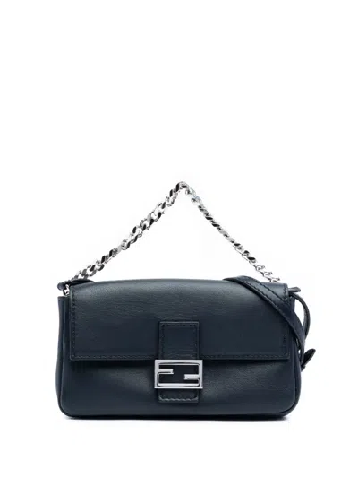 Pre-owned Fendi 2010-2025 Micro Leather Baguette Satchel In Blue