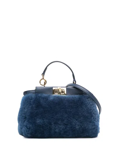 Pre-owned Fendi 2010-2025 Micro Shearling Peekaboo Satchel In Blue
