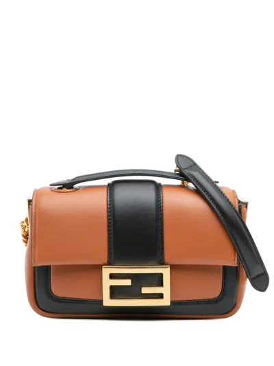 Pre-owned Fendi 2010-2025 Mini Bicolor Nappa Apolo Chain Baguette Shoulder Bag In Black