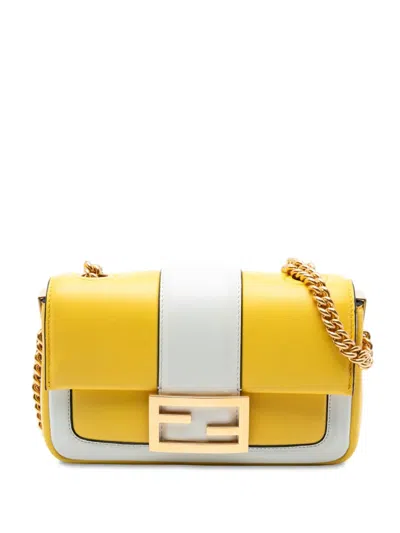 Pre-owned Fendi 2010-2025 Mini Bicolor Nappa Apolo Chain Baguette Shoulder Bag In White