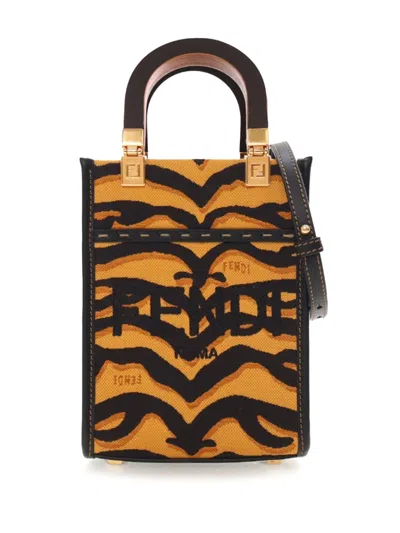 Pre-owned Fendi 2010-2025 Mini Embroidered Canvas Zebra Print Sunshine Shopper Tote Satchel In Brown