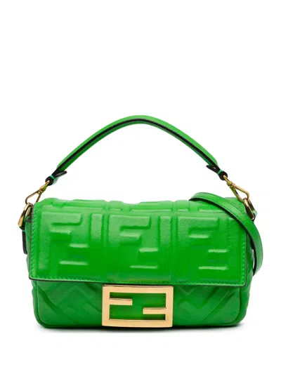 Pre-owned Fendi 2010-2025 Mini Zucca Embossed Leather Baguette Satchel