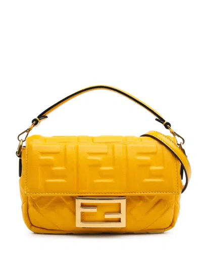 Pre-owned Fendi 2010-2025 Mini Zucca Embossed Leather Baguette Satchel
