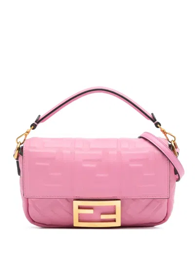 Pre-owned Fendi 2010-2025 Mini Zucca Embossed Leather Baguette Satchel