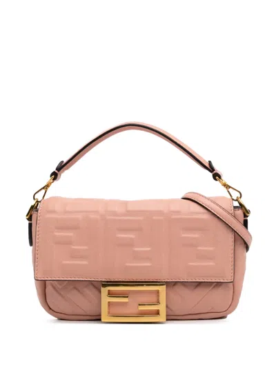 Pre-owned Fendi 2010-2025 Mini Zucca Embossed Leather Baguette Satchel