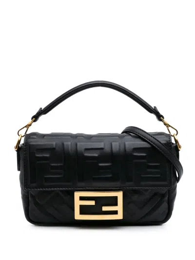Pre-owned Fendi 2010-2025 Mini Zucca Embossed Leather Baguette Satchel