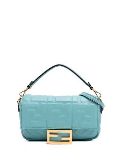 Pre-owned Fendi 2010-2025 Mini Zucca Embossed Leather Baguette Satchel