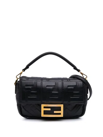 Pre-owned Fendi 2010-2025 Mini Zucca Embossed Leather Baguette Satchel