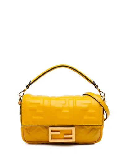 Pre-owned Fendi 2010-2025 Mini Zucca Embossed Leather Baguette Satchel