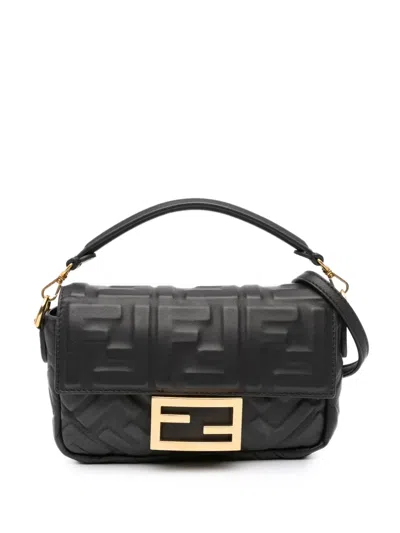 Pre-owned Fendi 2010-2025 Mini Zucca Embossed Leather Baguette Satchel In Black