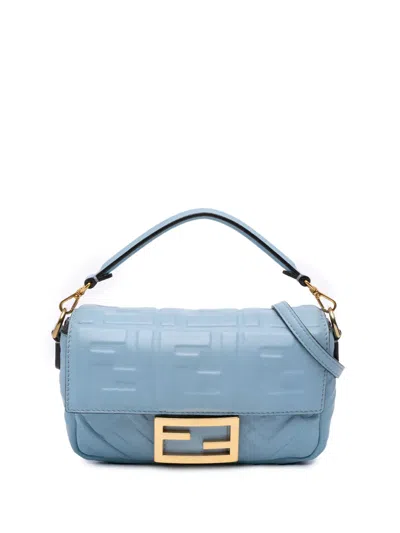 Pre-owned Fendi 2010-2025 Mini Zucca Embossed Leather Baguette Satchel In Blue