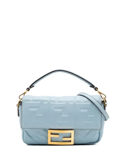 Pre-owned Fendi 2010-2025 Mini Zucca Embossed Leather Baguette Satchel In Blue