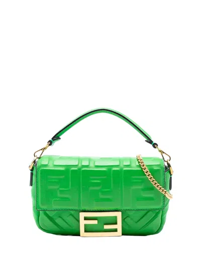 Pre-owned Fendi 2010-2025 Mini Zucca Embossed Leather Baguette Satchel In Green