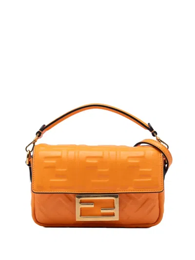 Pre-owned Fendi 2010-2025 Mini Zucca Embossed Leather Baguette Satchel In Orange