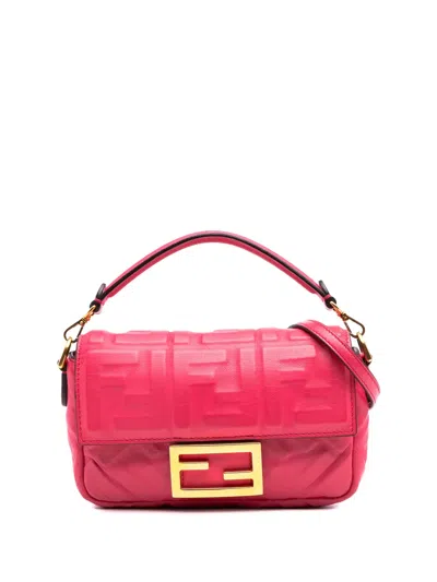 Pre-owned Fendi 2010-2025 Mini Zucca Embossed Leather Baguette Satchel In Pink