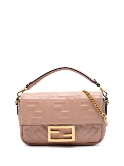 Pre-owned Fendi 2010-2025 Mini Zucca Embossed Leather Baguette Satchel In Pink