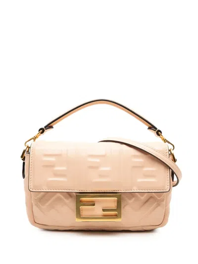 Pre-owned Fendi 2010-2025 Mini Zucca Embossed Leather Baguette Satchel In Pink