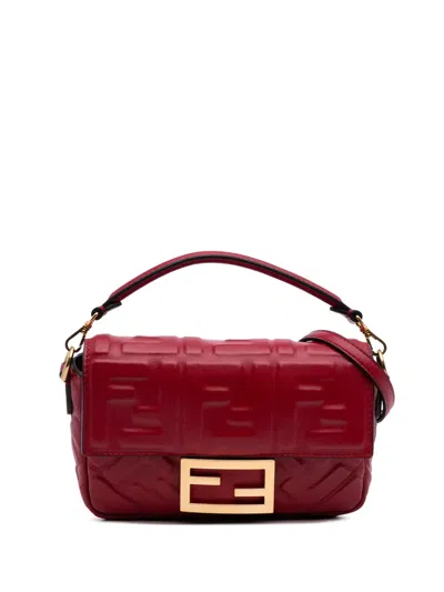 Pre-owned Fendi 2010-2025 Mini Zucca Embossed Leather Baguette Satchel In Red