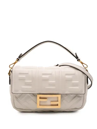 Pre-owned Fendi 2010-2025 Mini Zucca Embossed Leather Baguette Satchel In White