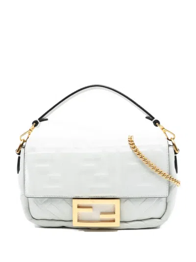 Pre-owned Fendi 2010-2025 Mini Zucca Embossed Leather Baguette Satchel In White