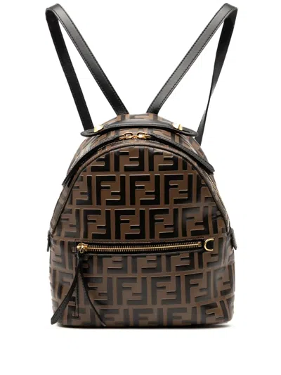 Pre-owned Fendi 2010-2025 Mini Zucca Embossed Leather By The Way Backpack Tote Bag In Black
