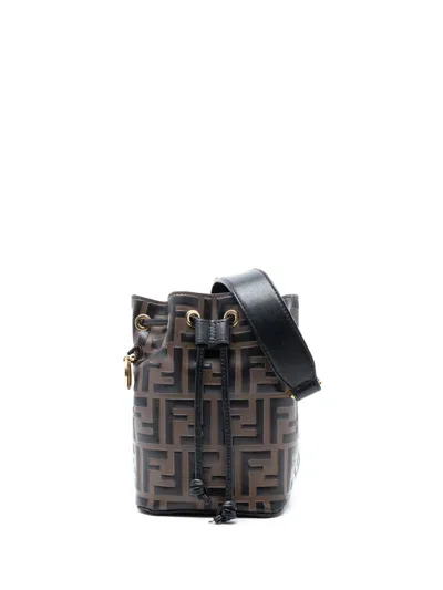 Pre-owned Fendi 2010-2025 Mini Zucca Embossed Leather Mon Tresor Bucket Bag Satchel In Brown