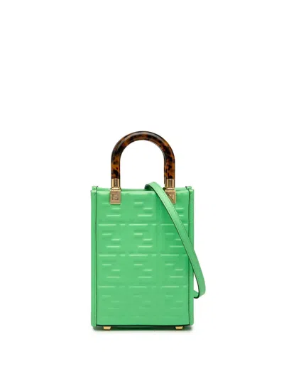 Pre-owned Fendi 2010-2025 Mini Zucca Embossed Leather Sunshine Shopper Tote Satchel In Green