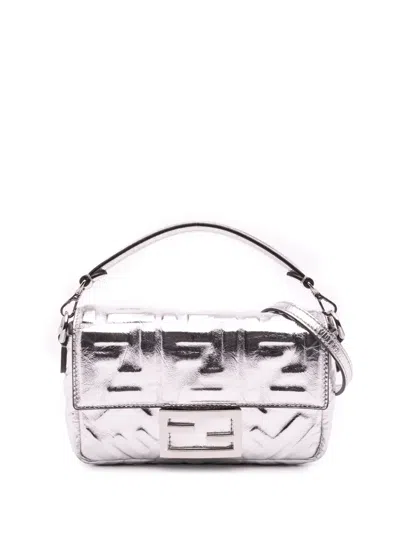 Pre-owned Fendi 2010-2025 Mini Zucca Embossed Metallic Leather Baguette Satchel In Silver