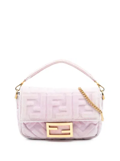 Pre-owned Fendi 2010-2025 Mini Zucca Embossed Velvet Baguette Satchel In Pink