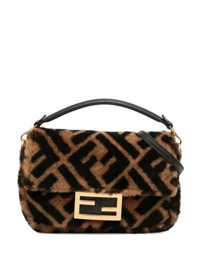Pre-owned Fendi 2010-2025 Mini Zucca Shearling Chain Baguette Satchel In Brown