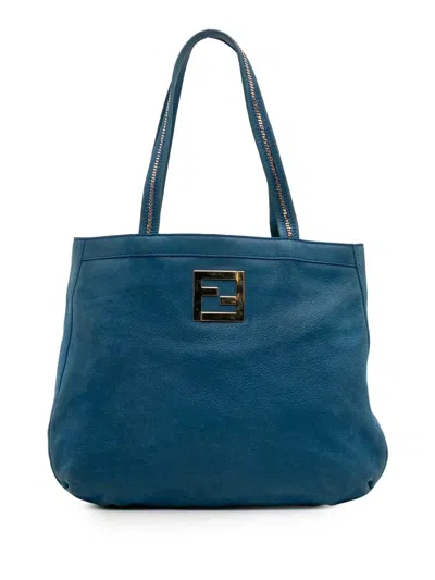 Pre-owned Fendi 2010-2025 Nubuck Ff Chains Tote Bag In Blue