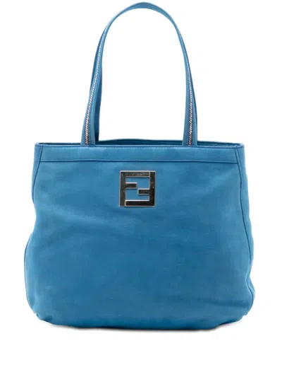 Pre-owned Fendi 2010-2025 Nubuck Ff Chains Tote Bag In Blue