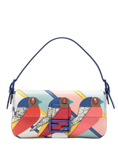 Pre-owned Fendi 2010-2025 Patchwork Leather Qutweet Bird Baguette Shoulder Bag In Blue