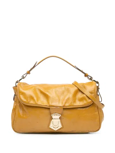 Pre-owned Fendi 2010-2025 Patent Leather Push Lock Satchel In Yellow
