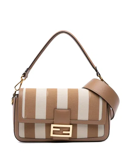 Pre-owned Fendi 2010-2025 Pequin Canvas Baguette Satchel In Brown