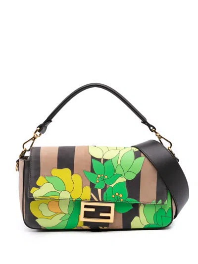 Pre-owned Fendi 2010-2025 Pequin Nubuck Floral Baguette Satchel In Brown