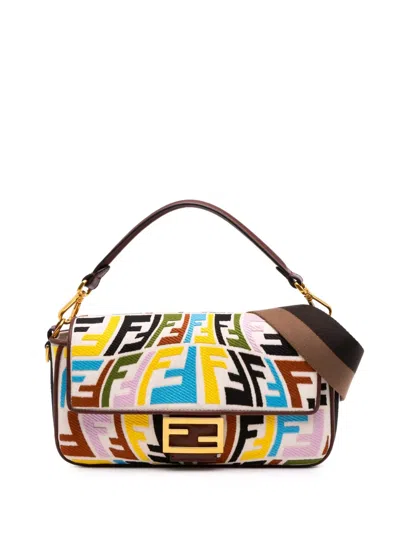 Pre-owned Fendi 2010-2025 Sarah Coleman Zucca Embroidered Canvas Fish Eye Vertigo Baguette Satchel