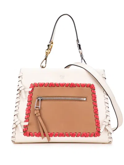 Pre-owned Fendi 2010-2025 Small Bicolor Calfskin Whipstitch Runway Satchel In Brown