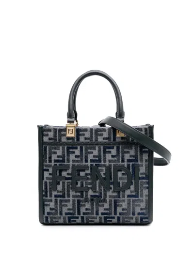 Pre-owned Fendi 2010-2025 Small Ff Embroidered Chenille Sunshine Shopper Tote Satchel In Gray
