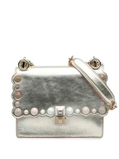 Pre-owned Fendi 2010-2025 Small Scalloped Metallic Calfskin Studded Pearl Kan I Crossbody Bag In Silver