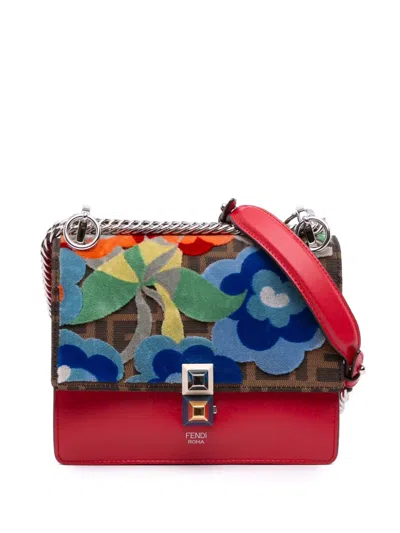 Pre-owned Fendi 2010-2025 Small Velvet Embroidered Zucca Canvas And Leather Kan I Crossbody Bag In Red