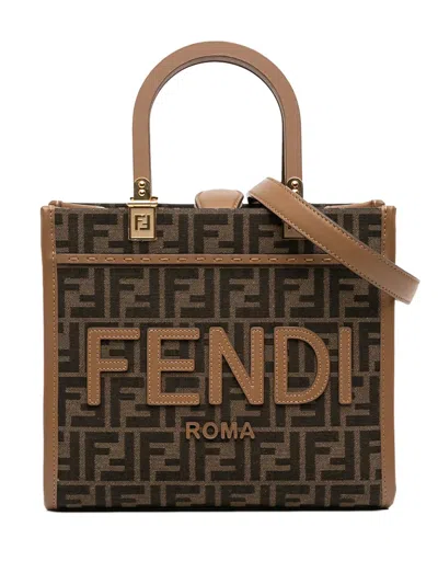 Pre-owned Fendi 2010-2025 Small Zucca Canvas Sunshine Shopper Tote Satchel In Brown