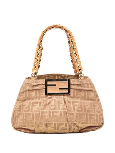 Pre-owned Fendi 2010-2025 Small Zucca Metallic Lurex Mia Chain Tote Bag In Brown
