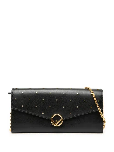 Pre-owned Fendi 2010-2025 Studded Leather F Is  Continental Envelope Wallet On Chain Crossbody Bag In Black