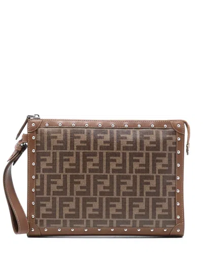 Pre-owned Fendi 2010-2025 Studded Leather Trimmed Zucca Coated Canvas Clutch Bag In Brown