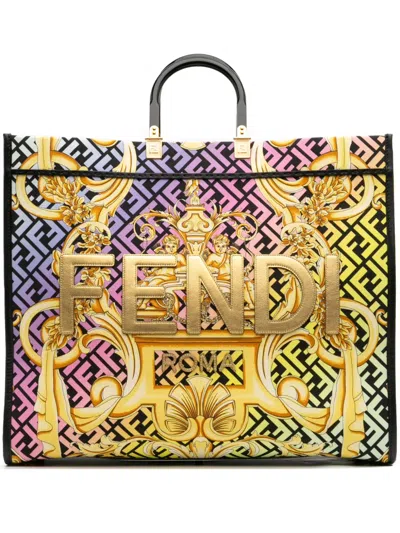 Pre-owned Fendi 2010-2025 Versace Fendace Canvas Logo Sunshine Shopper Xl Tote Bag In Black