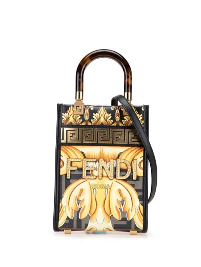 Pre-owned Fendi 2010-2025 Versace Fendace Mini Calfskin Baroque Print Sunshine Shopper Tote Satchel In Black