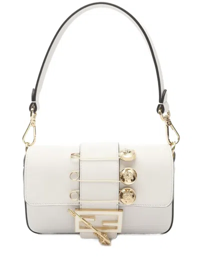 Pre-owned Fendi 2010-2025 Versace Vitello Seta Fendace Mini Brooch Baguette Satchel In White