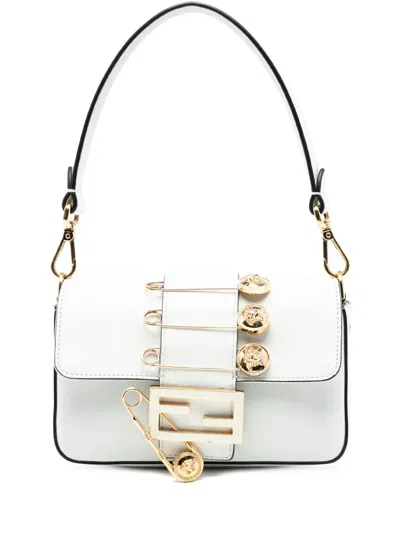 Pre-owned Fendi 2010-2025 Versace Vitello Seta Fendace Mini Brooch Baguette Satchel In White